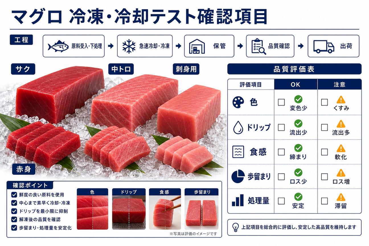 マグロ(サク・赤身・中トロ・刺身用)の冷凍・冷却テストの確認項目