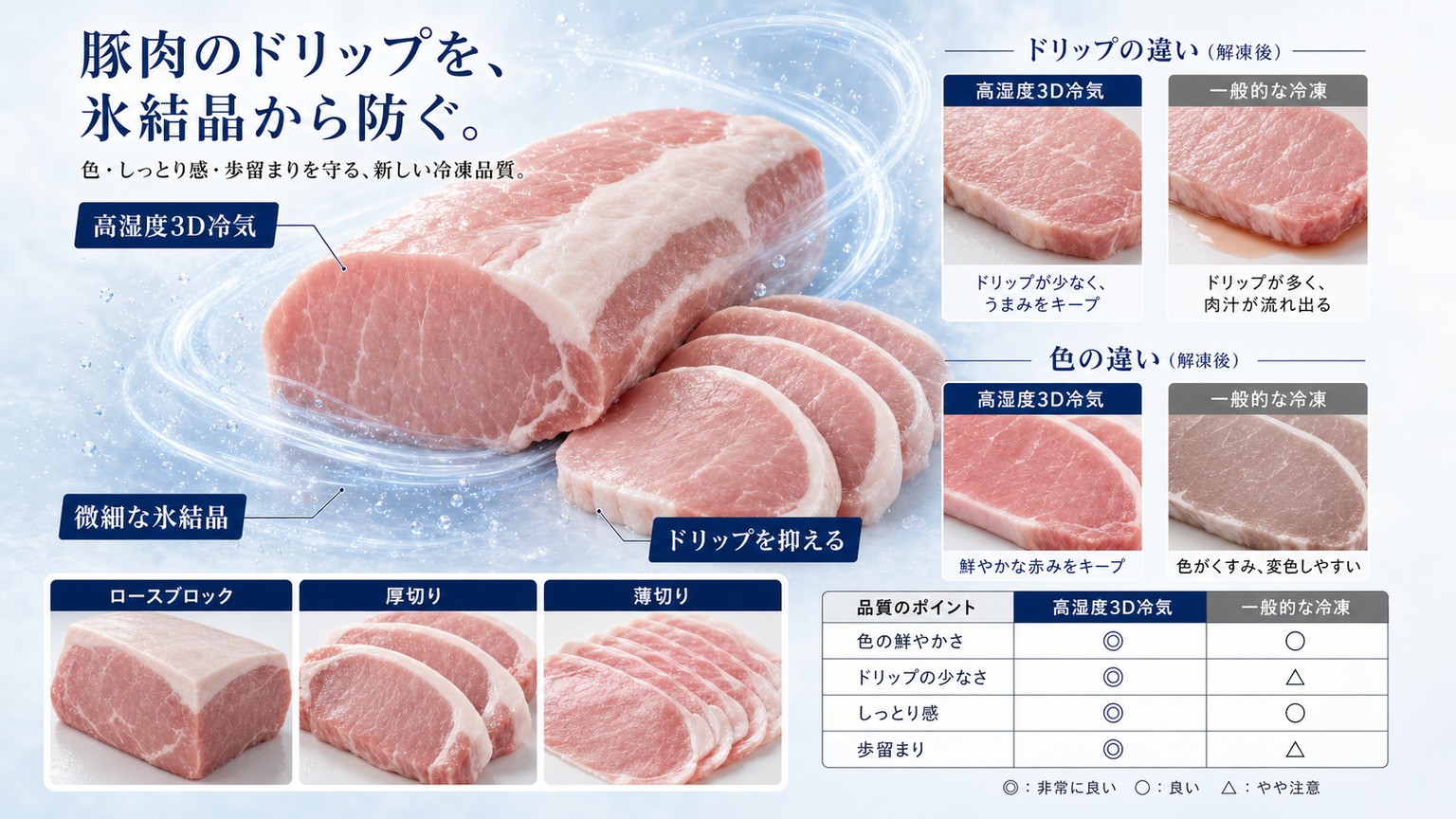 高湿度3D冷気で豚肉を均一に凍結する仕組み
