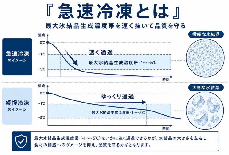 急速冷凍とは最大氷結晶生成温度帯を速く抜いて品質を守る凍結方法であることを示す全体像の図解
