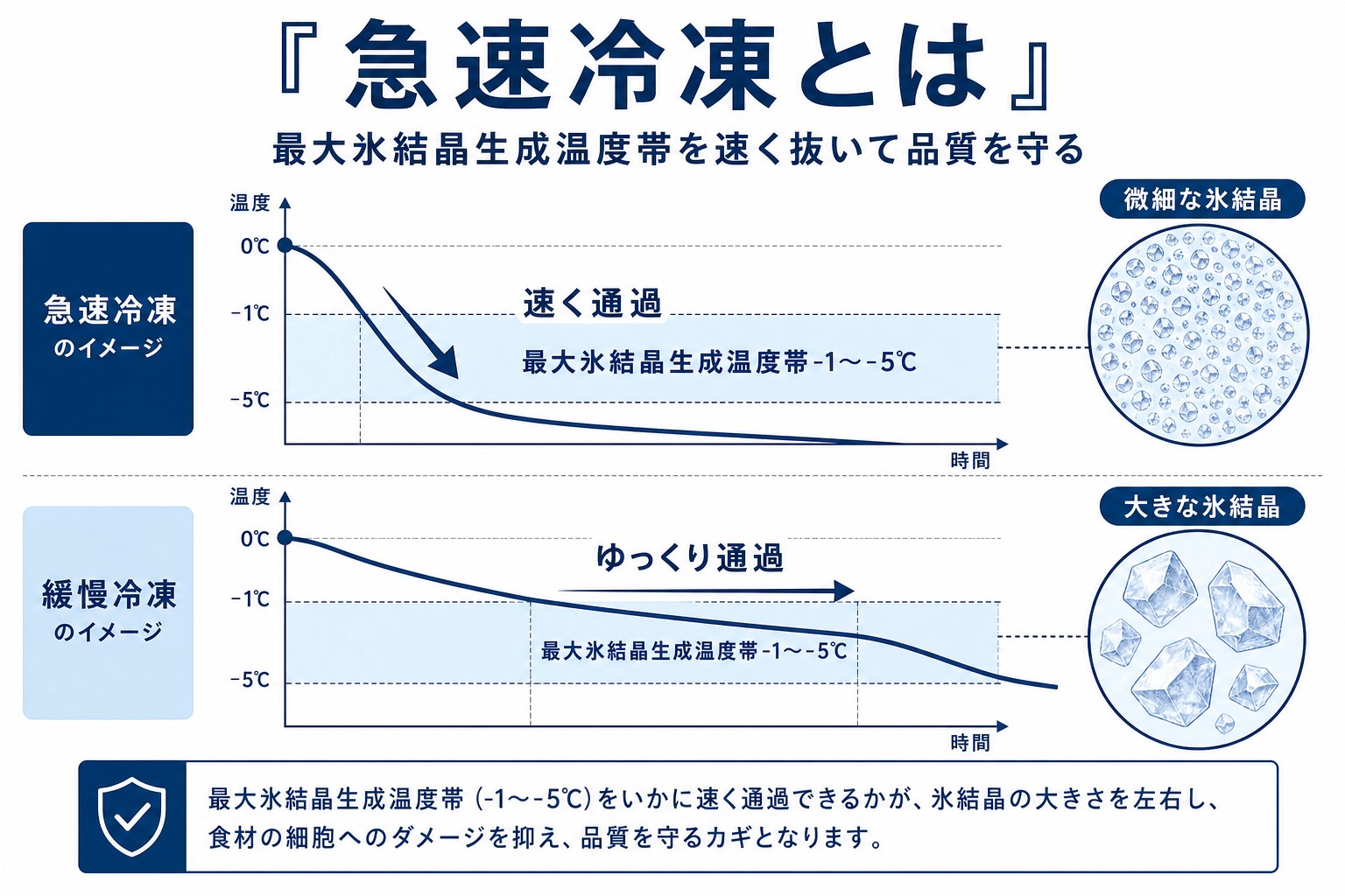 急速冷凍とは最大氷結晶生成温度帯を速く抜いて品質を守る凍結方法であることを示す全体像の図解