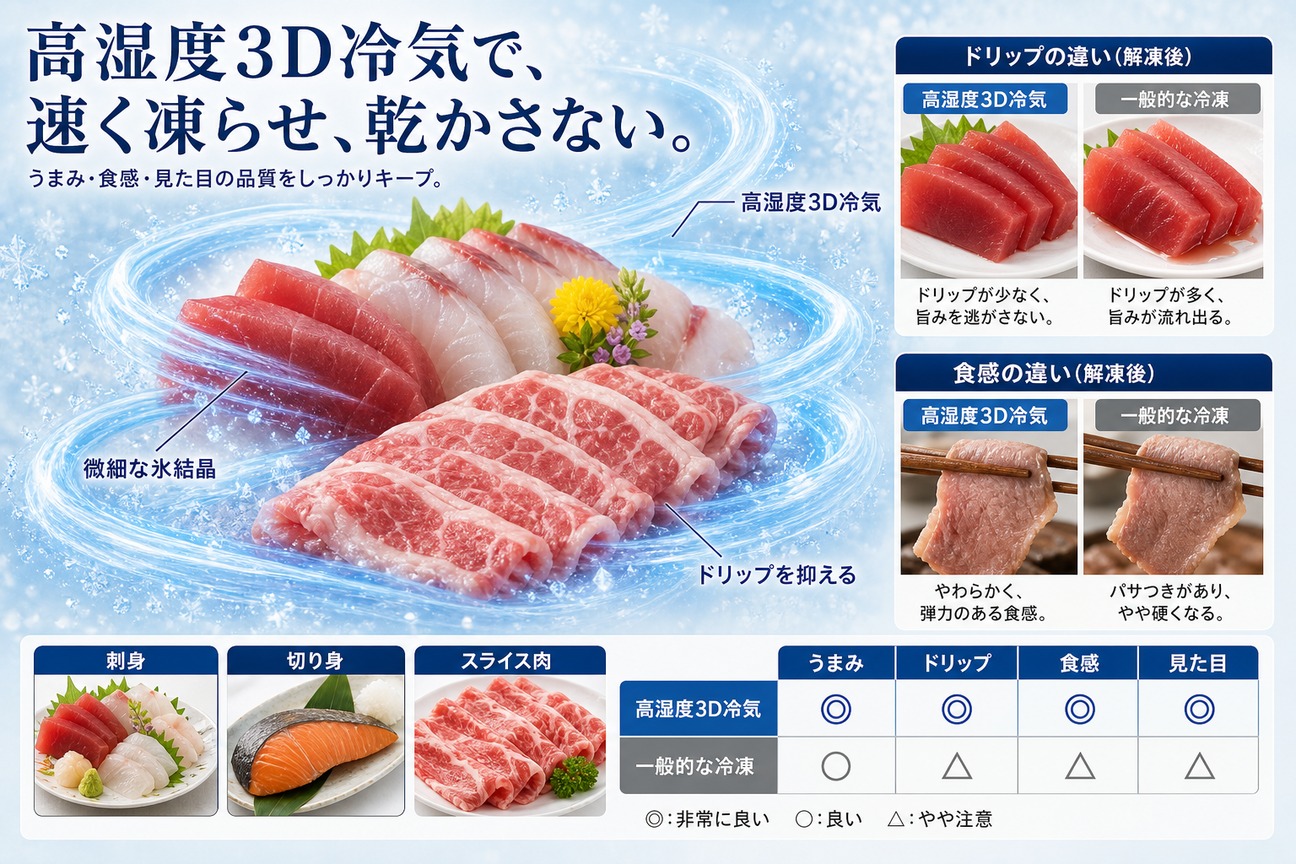 高湿度3D冷気で食品を多方向から包み速く凍らせながら乾かさず均一に凍結する考え方を示した図解
